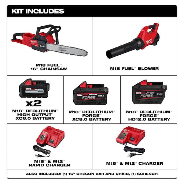 M18 FUEL 120 MPH 500 CFM 18V Brushless Cordless Handheld Blower w/ M18 FUEL 16 in. Chainsaw, (4) Batteries, Charger