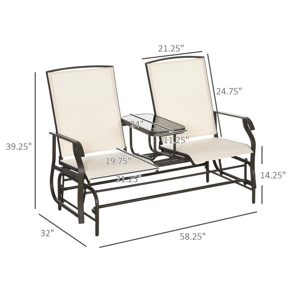 Beige Steel Frame 2-Person Outdoor Glider Bench with Center Table