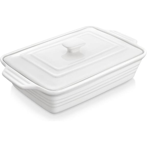 BAKE Series 4.4 qt. White Porcelain Oven Microwave Safe Rectangular Casserole Baking Dish with Lid