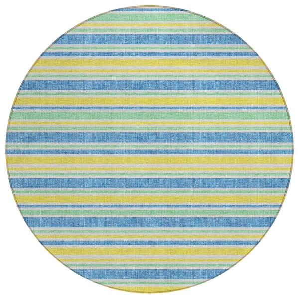 Blue, Yellow, Green 8 ft. x 8 ft. Woven Striped Polyester Round Indoor / Outdoor Area Rug
