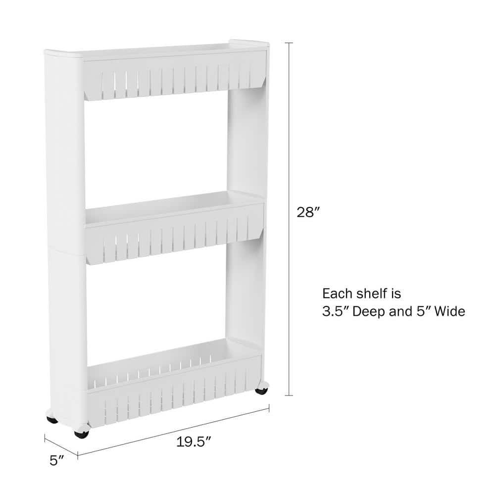 White 3-Tier Slim Rolling Storage Cart for Tight Spaces