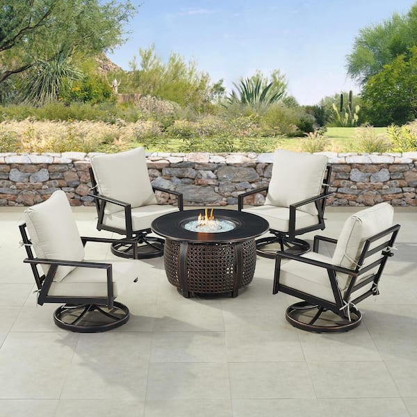 Oakland Living Black 7-Piece Aluminum Patio Fire Pit Set with 4-Club Chairs Light Grey Cushions