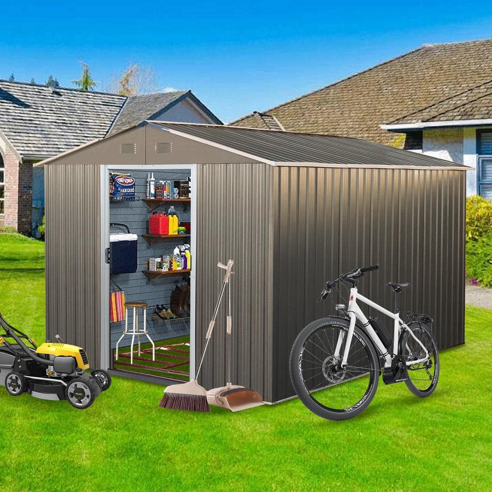 8' x 10' Gray Metal Outdoor Storage Shed with Lockable Door