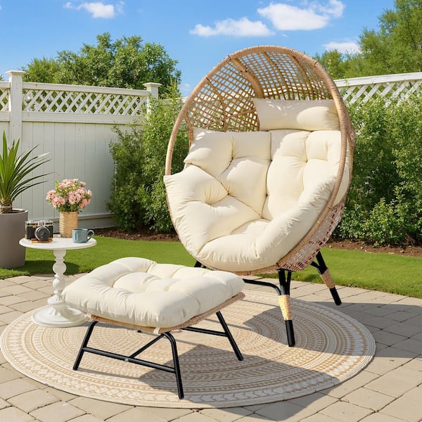 Wicker Indoor Outdoor Egg Lounge Chair with Ottoman, Deep Seat and Beige Cushions, Oversized Cozy Patio Chair for Porch