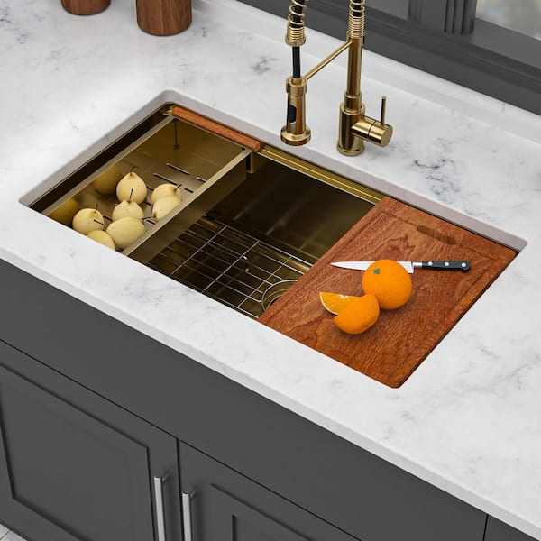 30 in. Undermount Single Bowl 16-Gauge Gold Stainless Steel Kitchen Sink with Workstation