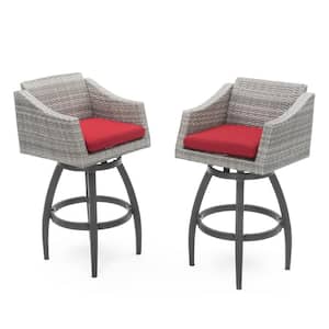 Cannes 2-Piece Swivel Wicker Outdoor Barstools with Sunbrella Sunset Red Cushions