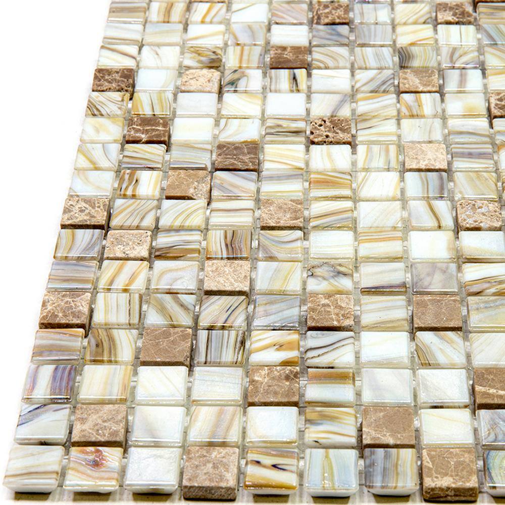 Mingles Beige and White Iridescent Glass Mosaic Tile