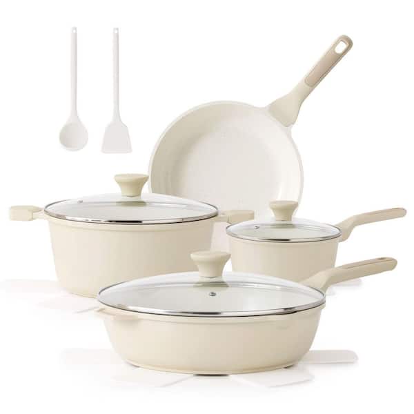 13-Piece Nonstick Ceramic Cookware Set Cream White, Non-Toxic Pots and Pans Set with Stay-Cool Handles, Silicone Tools