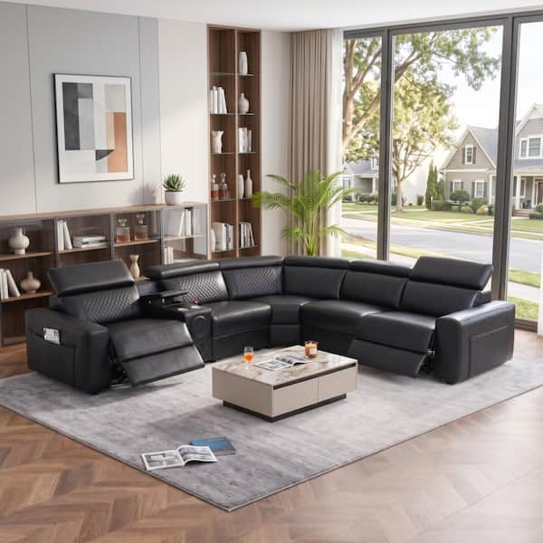 225 in. U-Shaped Power Reclining Sectional Sofa with Bluetooth, Diamond Tufted Back, Console & Cup Holders, Black