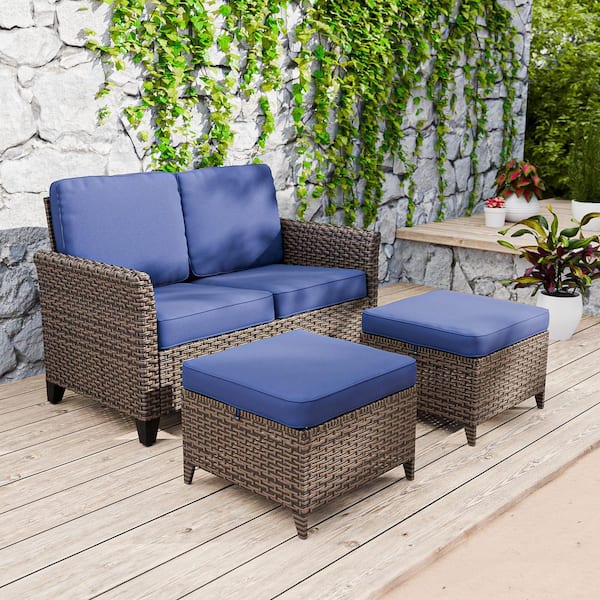 3 Seat Wicker Outdoor Patio Sofa Couch with Deep Seating and Blue Cushions, Ottomans