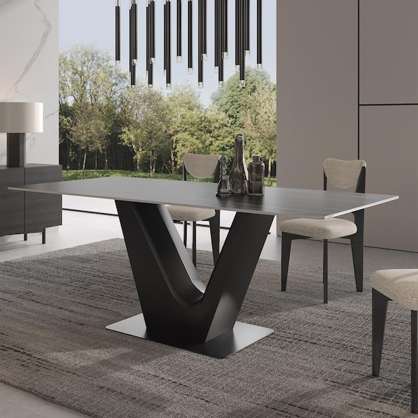 Monland Modern Rectangle Black Lauren Black Gold Ston Top 70.87 in. StainlessSteel Gunmetal Gray Pedestal Dining Table (8-Seat)
