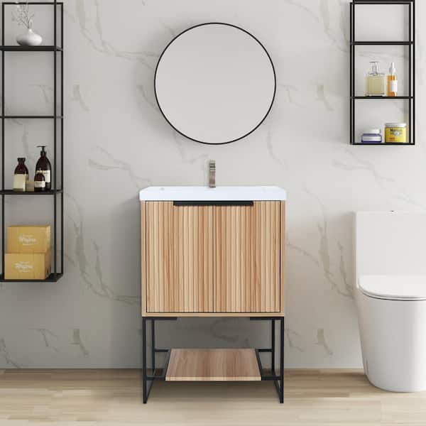 FUNKOL 24 in. W Modern Style Freestanding Bathroom Vanity with White Resin Basin in Yellow(wooden)