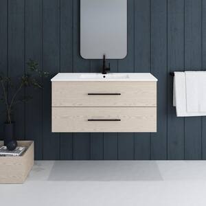 Napa 40 in. W. x 18 in. D Single Sink Bathroom Vanity Wall Mounted in Natural Oak with Ceramic Integrated Countertop