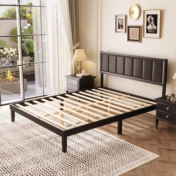 Black Wood Frame Queen Platform Bed with Upholstered Headboard and Center Support Legs