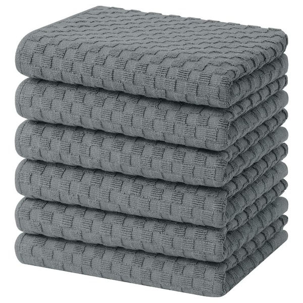 Dark Grey Pineapple Grid 100% Cotton Terry Kitchen Towels with Hanging Loops, 380 GSM, 15 in x 25 in, Set of 6