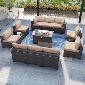 13-Piece Wicker Patio Conversation Set with 55000 BTU Gas Fire Pit Table and Glass Coffee Table and Sand Cushions