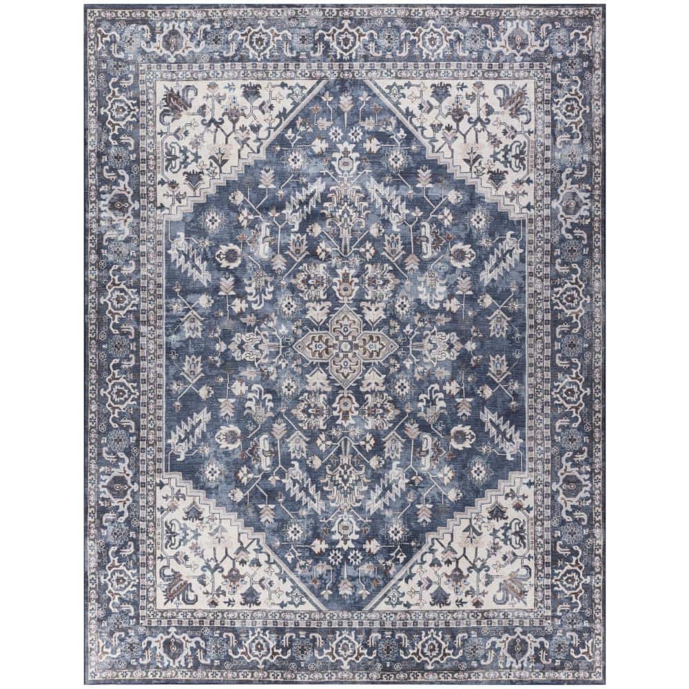 Machine Washable Series 1 Navy Ivory 10 ft. x 14 ft. Distressed Traditional