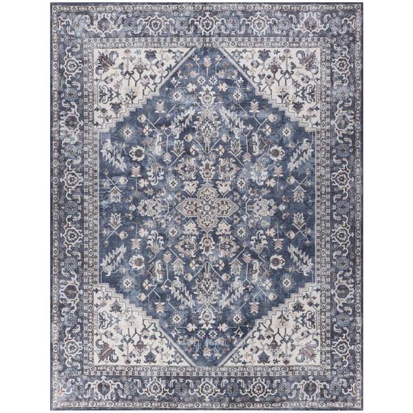 Unbranded Machine Washable Series 1 Navy Ivory 10 ft. x 14 ft. Distressed Traditional Area Rug