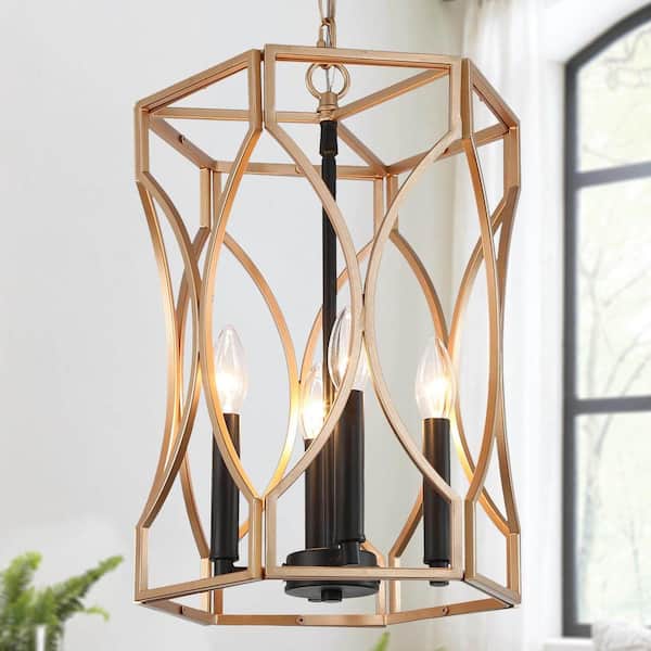 Uolfin Modern Black Gold Drum Pendant Light, 4-Light Classic Vintage Cage Candlestick Chandelier Hanging Pendant Light