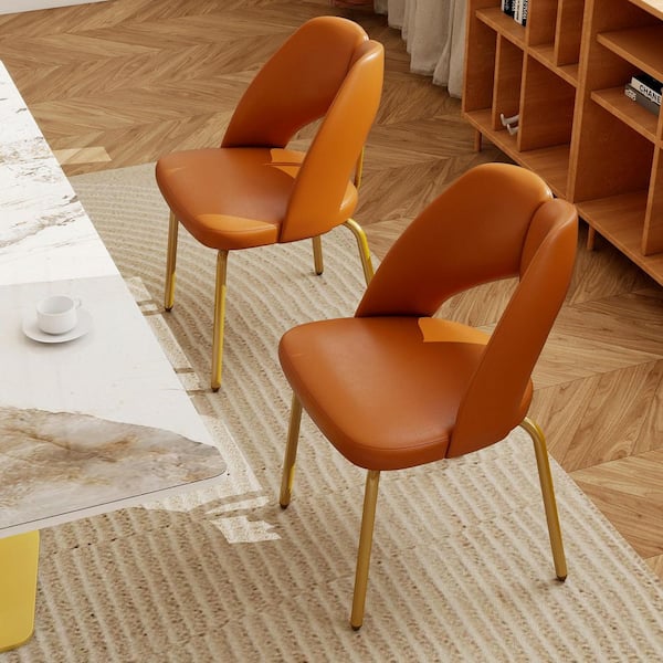 Set of 2 Modern Orange PU Leather Dining Chairs with Gold Stainless Steel Legs