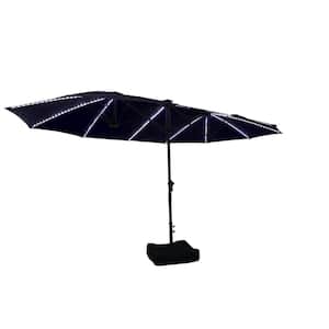 15 ft. Double Side Outdoor Patio Market Umbrella in Navy Blue with Fiberglass Rib,360° Illumination,Base for Yard