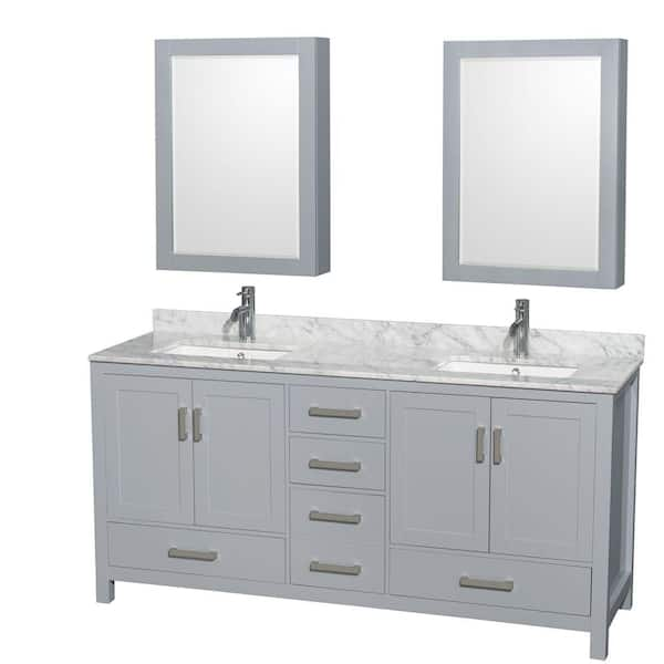 Wyndham Collection Sheffield 72 in. W x 22 in. D x 35 in. H Double Bath Vanity in Gray with White Carrara Marble Top and MC Mirrors