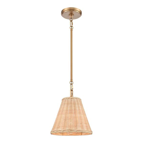 Titan Lighting River 1-Light Brushed Gold Mini Pendant with Rattan Shade