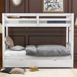 White Twin over Twin Pull-out Bunk Bed with Trundle, Solid Wood Convetible Kids Bunk Bed with Pull-Out Trundle