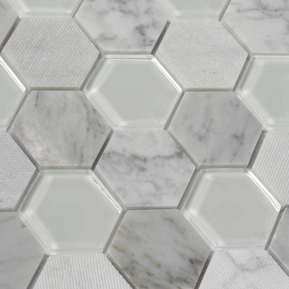Gray Hexagon Glass and Marble Mosaic Tile for Walls and Floors