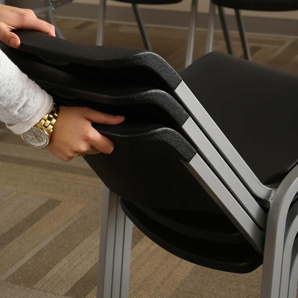 Modern Black and Silver Metal Plastic Utility Chairs, 4 Pack