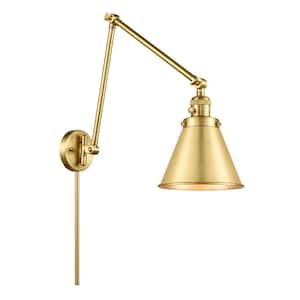 Appalachian 8 in. 1-Light Satin Gold Wall Sconce with Satin Gold Metal Shade with On/Off Turn Switch
