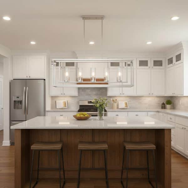 5-Light Nickel Linear Kitchen Island Chandelier, Modern Candle Pendant Light with Clear Glass Shade for Dining Room