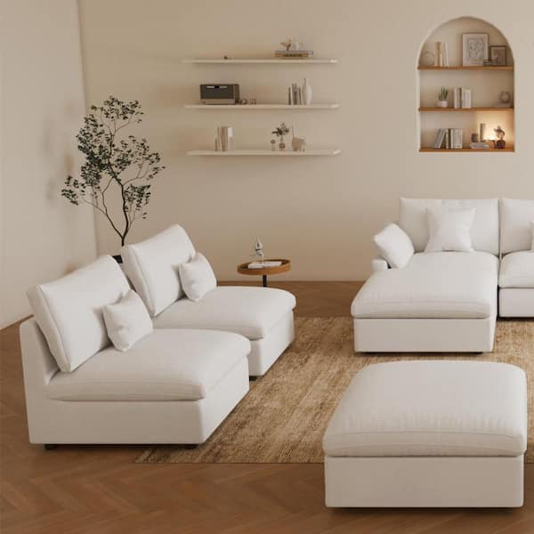 Modern 37 in. Armless Linen Upholstered Cloud Couch Sectional 1-Seat Section Down Filled Sofa in White (Middle Modular)
