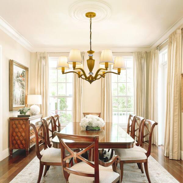 Magic Home 6 Light Wrought Iron Medieval Chandelier for Dining Living Room Pendant Light in Gold with White Fabric Shade CS W32826370