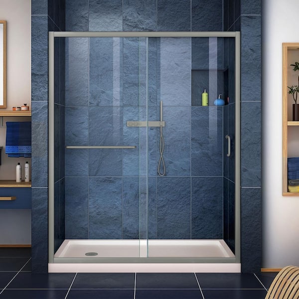 DreamLine Infinity-Z 32 in. x 60 in. Semi-Frameless Sliding Shower Door in Brushed Nickel with Left Drain Shower Base in Biscuit