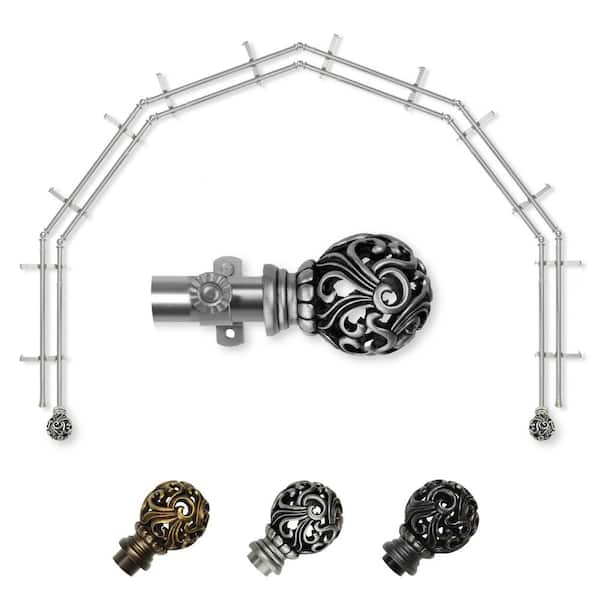 EMOH 13/16" Dia Adjustable 6-Sided Double Bay Window Curtain Rod 28 to 48" (each side) with Cruz Finials in Satin Nickel