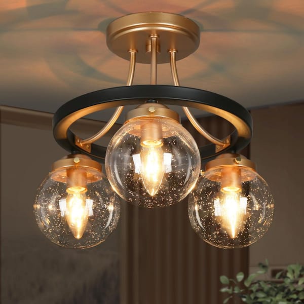Modern 14.5 in. 3-Light Dark Gold Semi-Flush Mount Light, Black Entryway Ceiling Light with Round Seeded Glass Shade