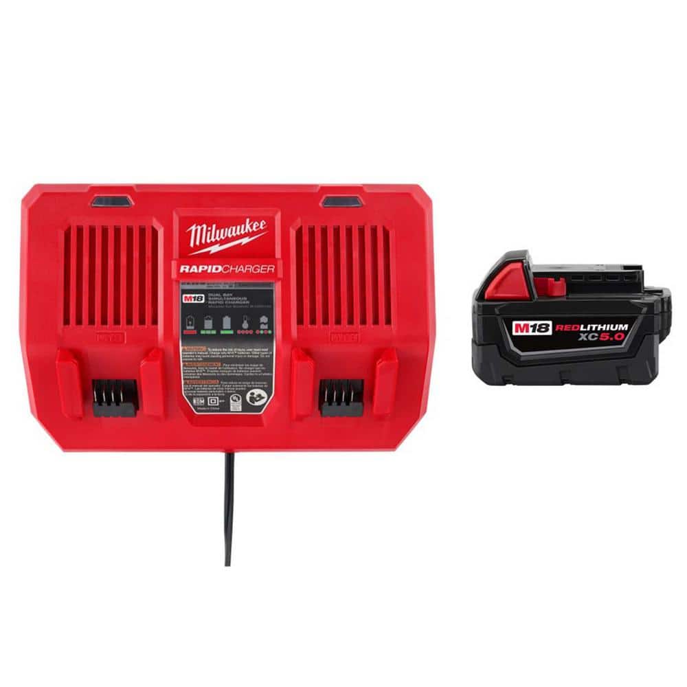 Milwaukee M18 18-Volt Lithium-Ion Dual Bay Rapid Battery Charger with M18 XC 5.0Ah Battery Pack -  48-59-1802-1850