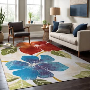 Bahamas Floral Leaf Multi 6 ft. x 9 ft. Non-Slip Rubber Back Indoor Area Rug