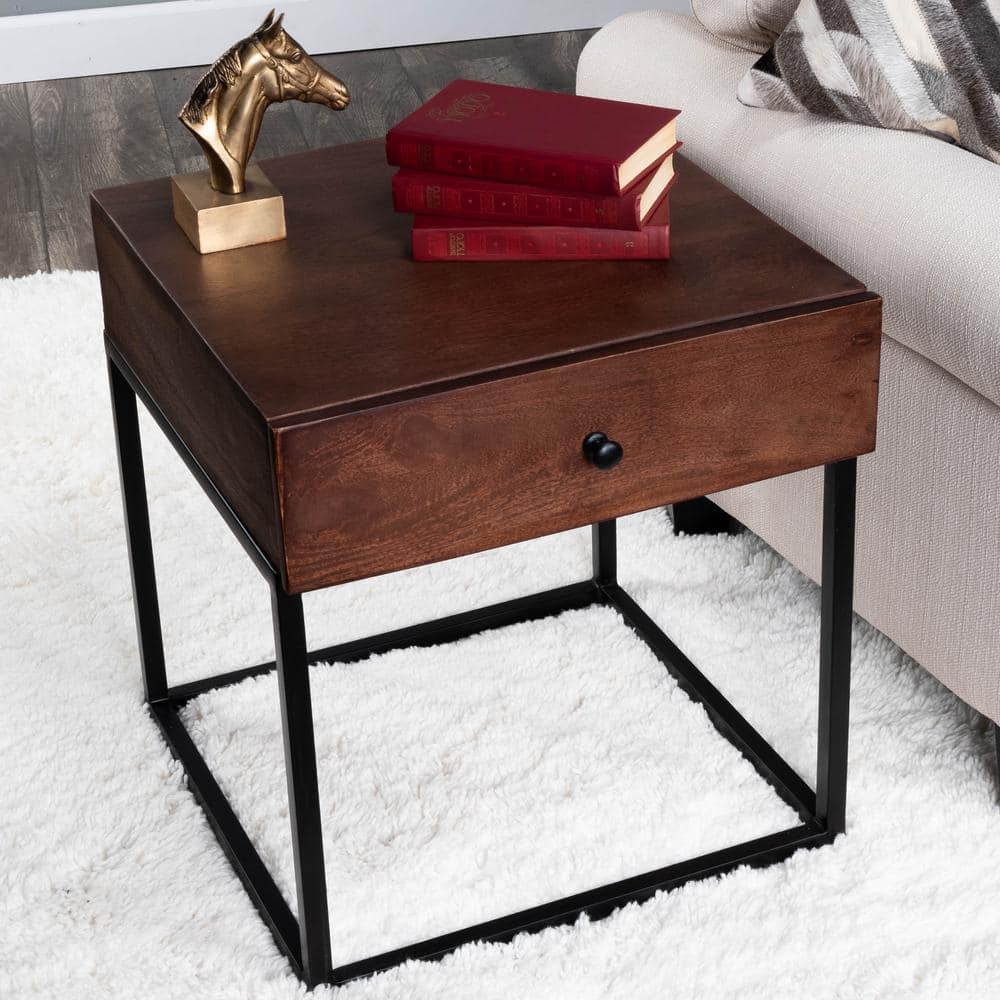 Modern Industrial Mango Wood & Iron End Table with Drawer