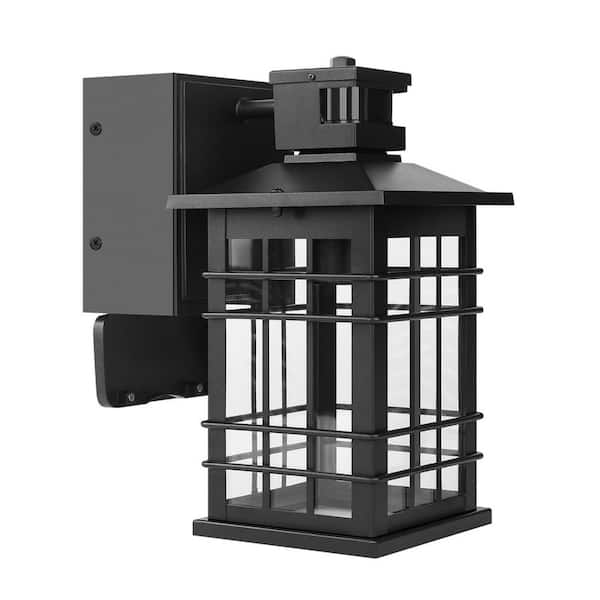 Motion Sensor Porch Light with GFCI Outlets, 11.4 in. Dusk to Dawn Outdoor Wall Light Black