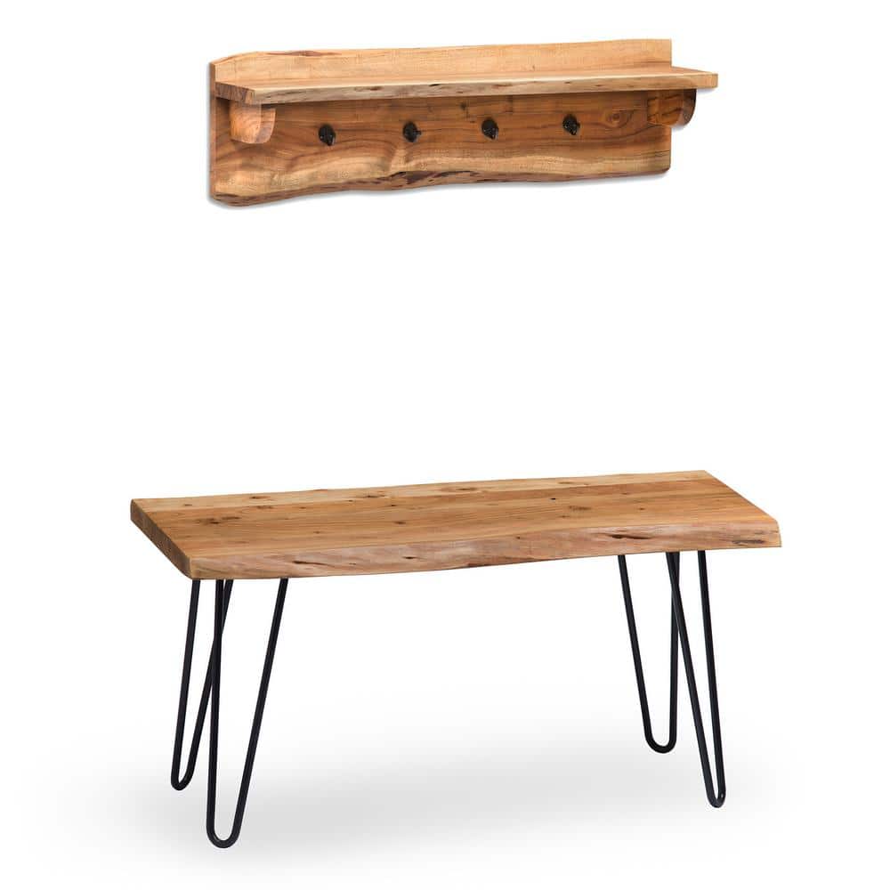 Alaterre Furniture Hairpin Natural Live Edge 36 Bench with Coat Hook Shelf Set