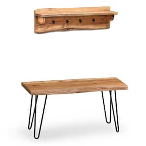 36 in. Hairpin Natural Live Edge Bench with Coat Hook Shelf Set