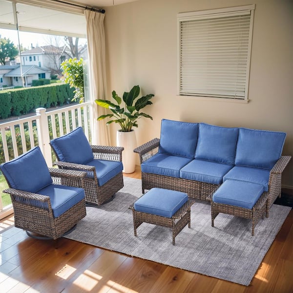 Seagull Collection 5-Piece Wicker Outdoor Patio Conversation Set with Blue Cushions and Swivel Rocking Chairs