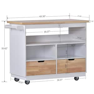 White Solid Wood 46 in. W Kitchen Island with 2 Drawers and 3 Open Compartments and Wood Top, Rolling Type