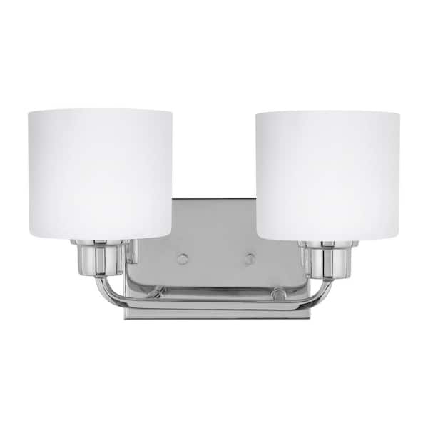 Generation Lighting Canfield 14.25 in. 2-Light Chrome Minimalist Modern Wall Bathroom Vanity Light with Etched White Glass Shades