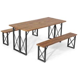 67 in. L 6-Person Acacia Wood Picnic Table Bench Set with 2 in. Umbrella Hole