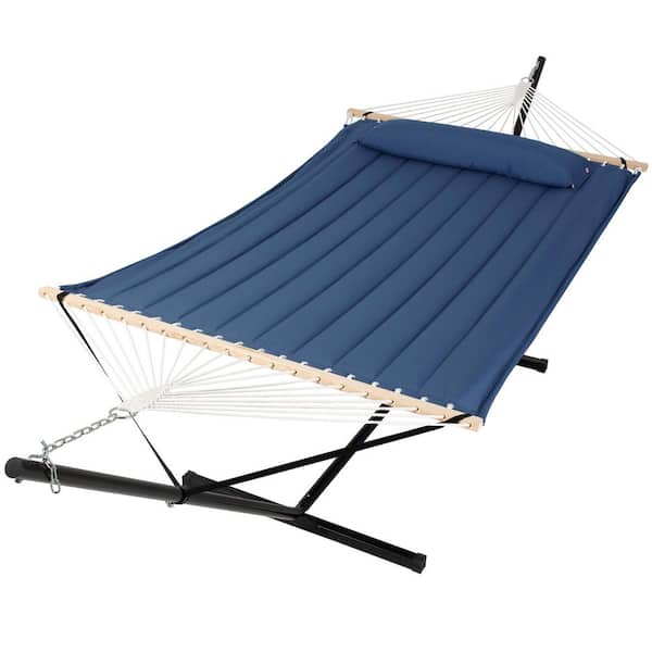 Atesun 12 ft. Free Standing, 475 lbs. Capacity, Heavy-Duty 2-Person Hammock with Stand and Detachable Pillow in Navy Blue