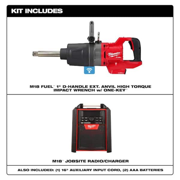 M18 FUEL 18V Lithium-Ion Brushless Cordless 1 in. Impact Wrench Extended Reach D-Handle & Jobsite Radio/Charger