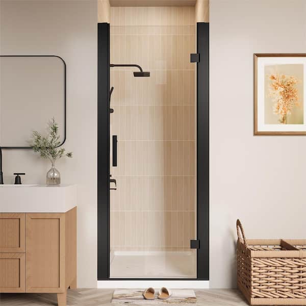 28 in. to 30 in. W x 72 in. H Pivot Hinged Swing Semi Frameless Shower Door in Black with Clear Tempered Glass